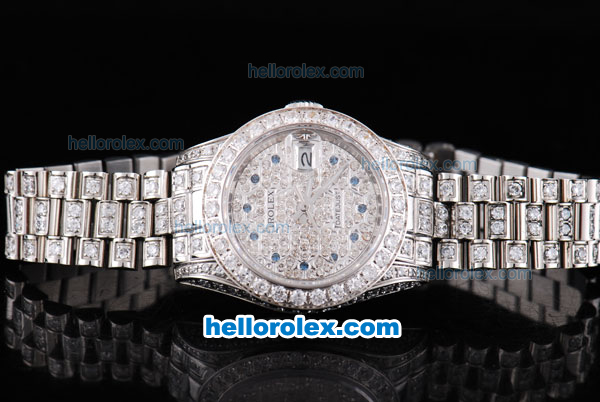 Rolex Datejust Oyster Perpetual Automatic Swiss ETA Automatic Movement ETA Case Full Diamond with Diamond Dial and Blue Round Pearl Marking - Click Image to Close